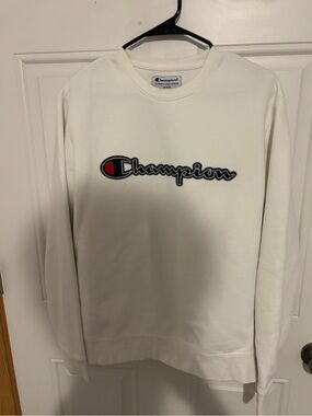 Champion White Crewneck with Navy and Red Script Logo